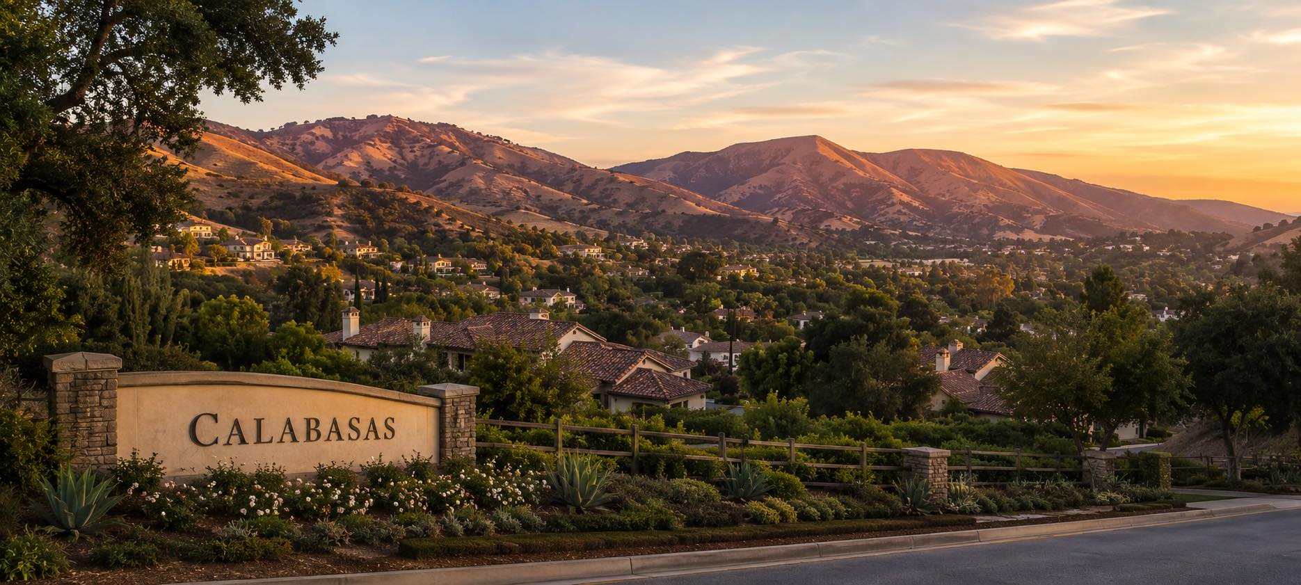 Calabasas at golden hour — oak-studded hills above upscale residential rooftops, with a stone monument sign