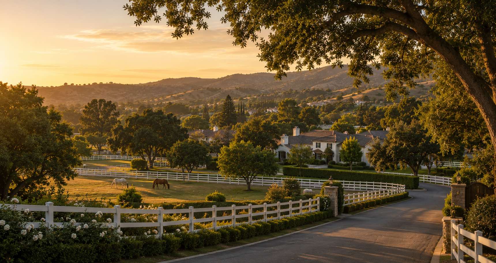 Hidden Hills at golden hour — white-fenced equestrian estate lots, oak shadows, and low-density homes