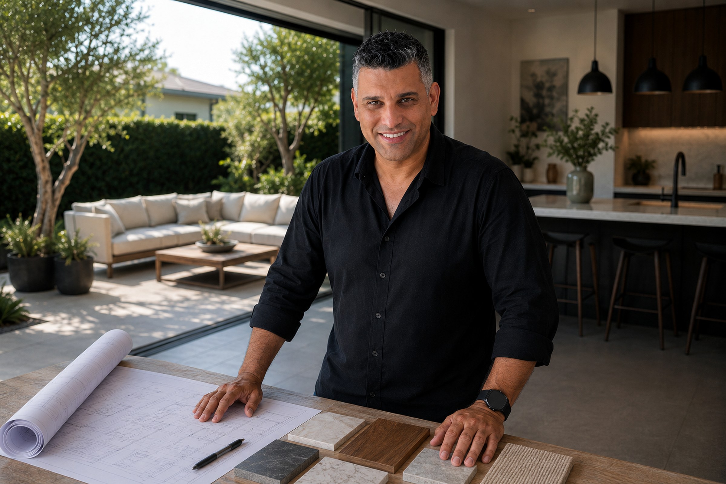 Udi standing with remodeling plans and finish samples inside a completed indoor-outdoor home remodel