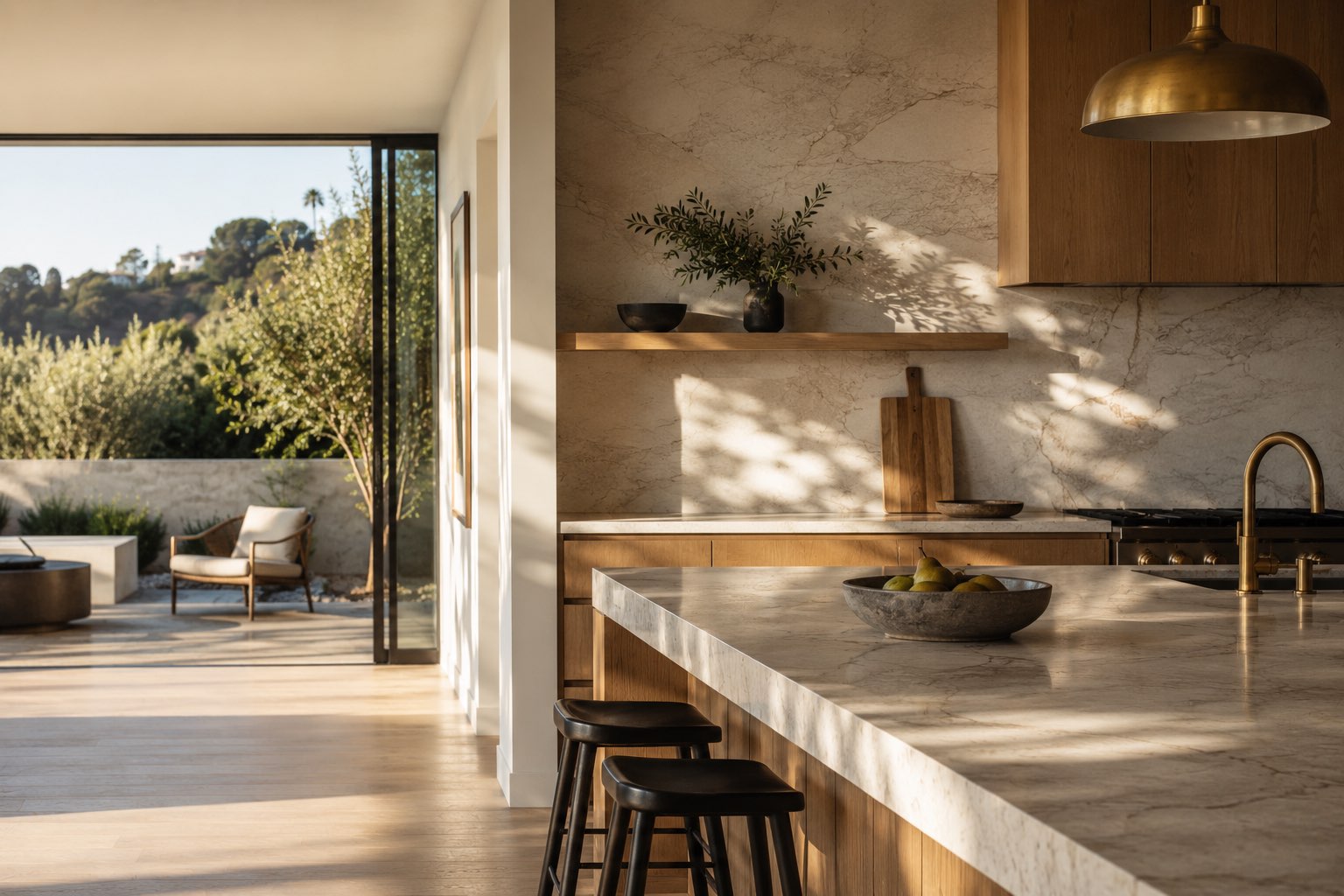 Sunlit Westside kitchen with a stone island and indoor-outdoor flow