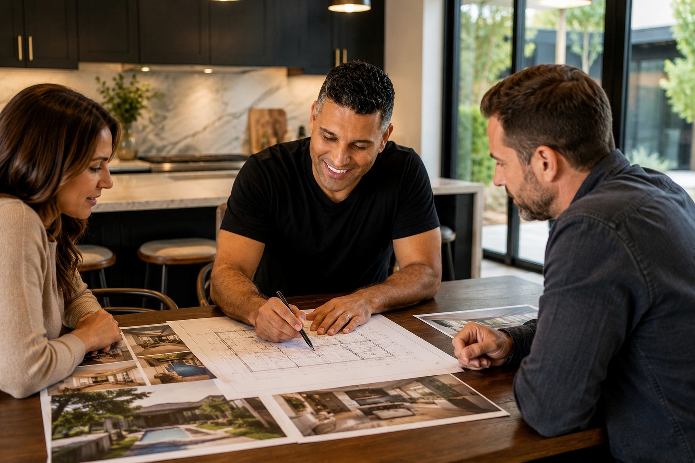 Udi reviewing remodeling plans and completed project photos with homeowners during the planning process