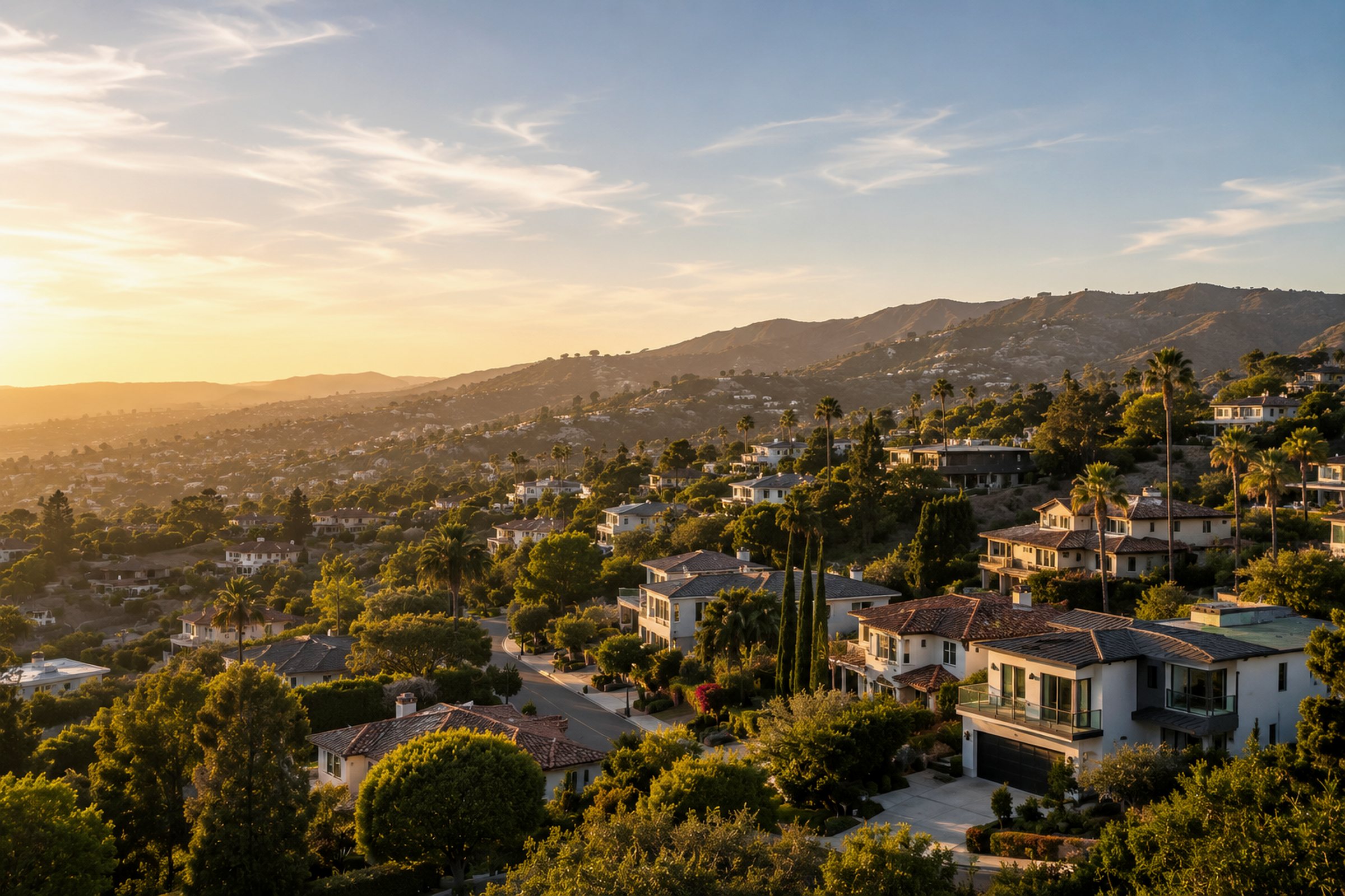 Southern California hillside neighborhoods with varied homes, palm trees, mature landscaping, winding streets, and foothills at golden hour