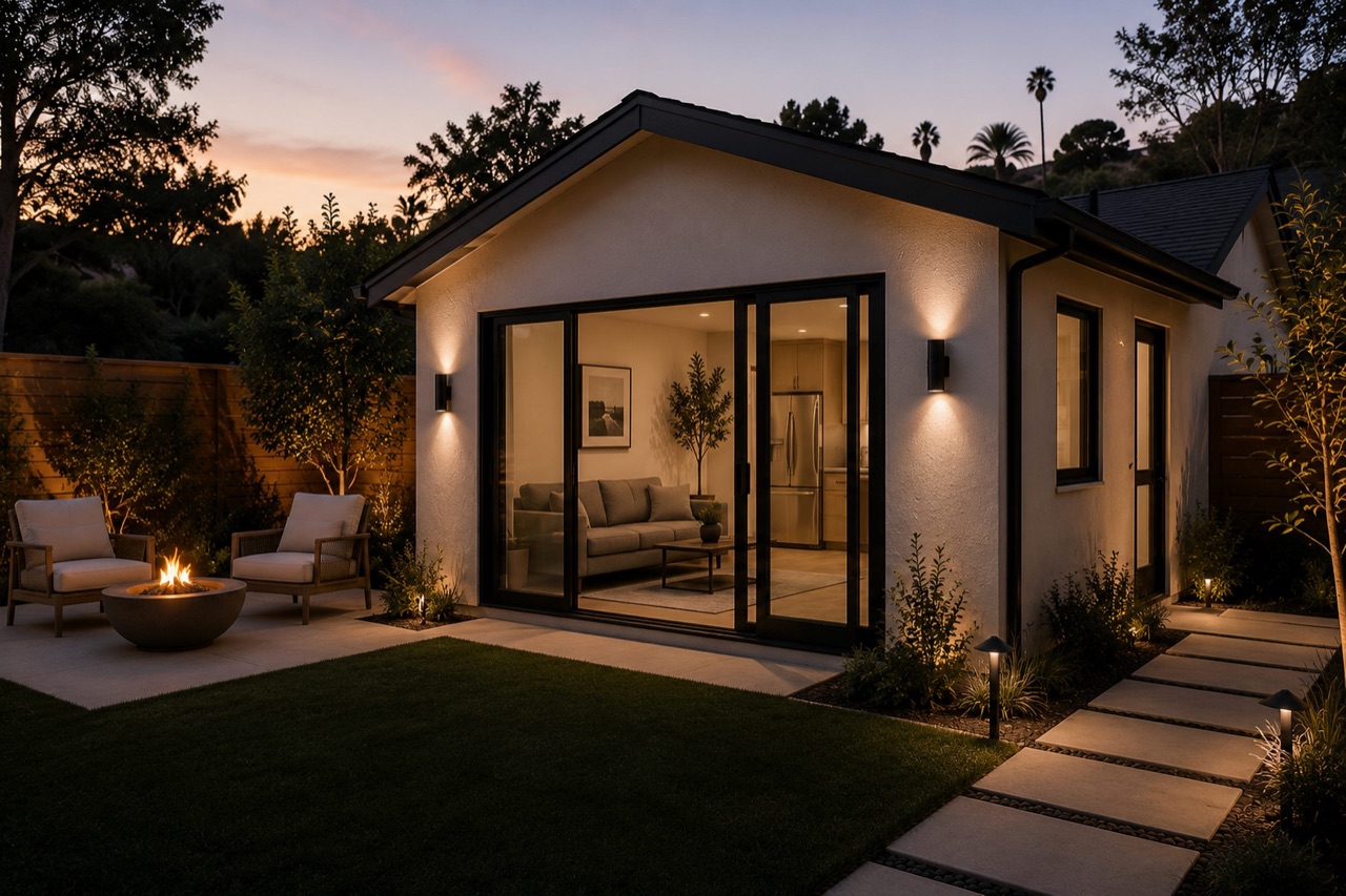 Finished detached backyard ADU with light stucco exterior, black-framed glass doors, compact living area, kitchenette, patio, fire pit, and landscape lighting