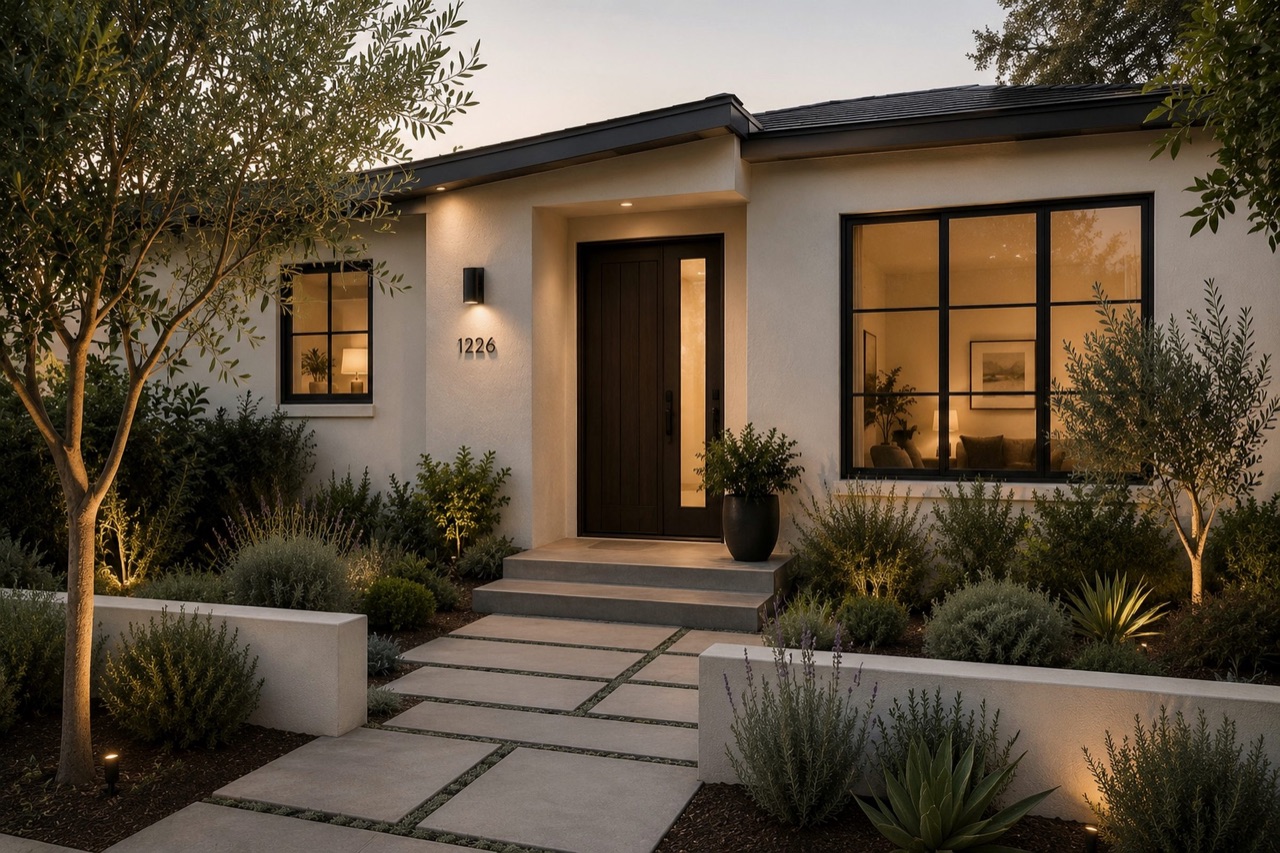 Exterior curb appeal remodel with modern entry door, black-framed windows, walkway, landscape lighting, and drought-tolerant planting