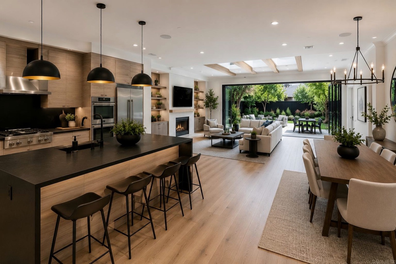 Open-concept full home remodel with kitchen, living room, dining area, wood flooring, and indoor-outdoor flow