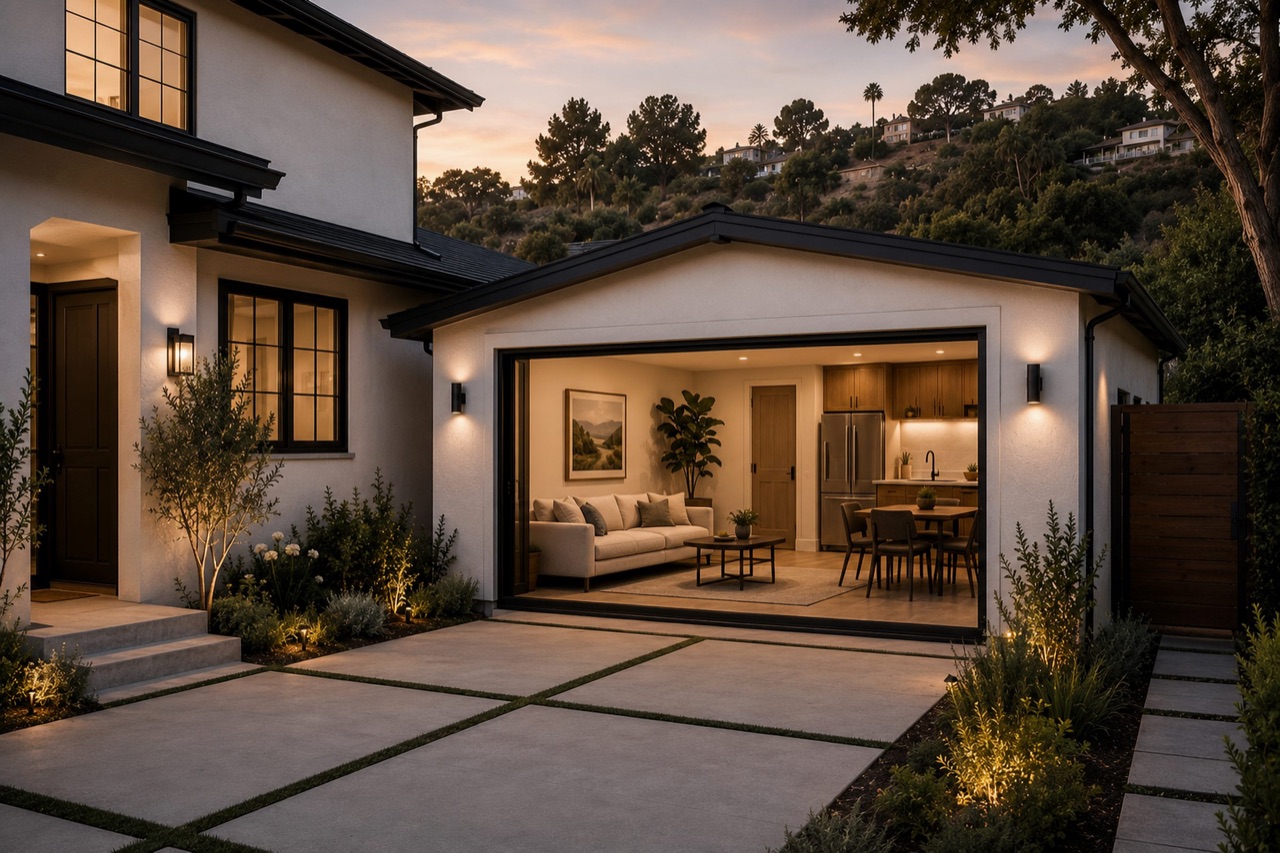 Finished garage conversion ADU attached to the main home with a wide glass opening, living area, kitchenette, landscaped driveway, and hillside setting