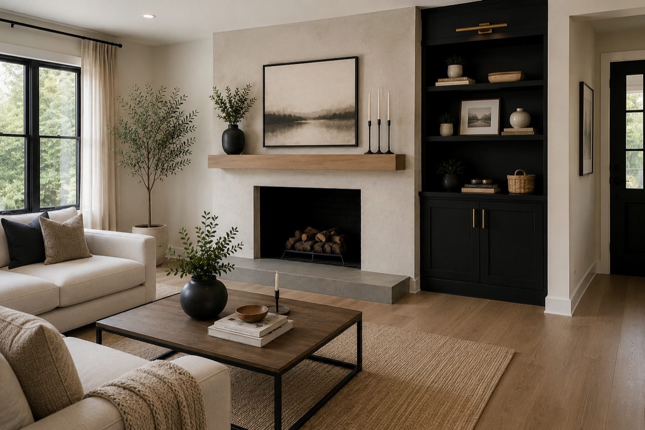 Interior upgrade with a modern fireplace, black built-in cabinetry, wood flooring, neutral furnishings, and natural light