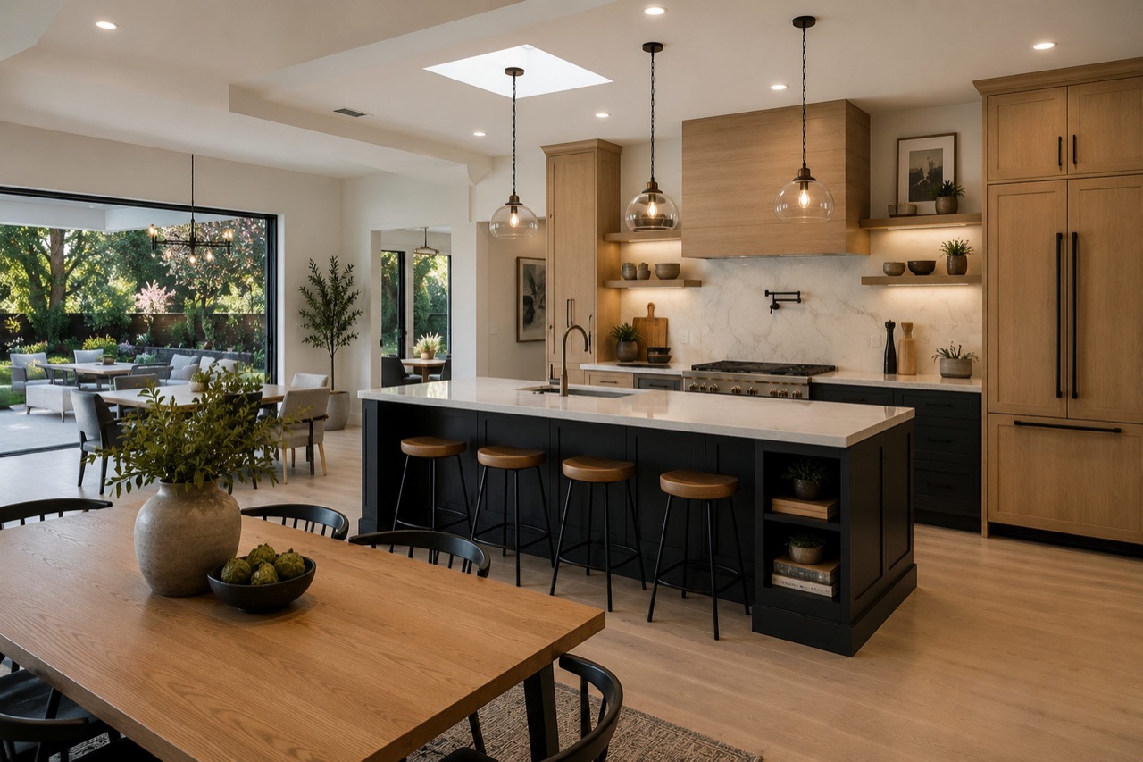 Open-concept kitchen remodel with black island, warm wood cabinetry, dining area, skylight, indoor-outdoor access, and garden views
