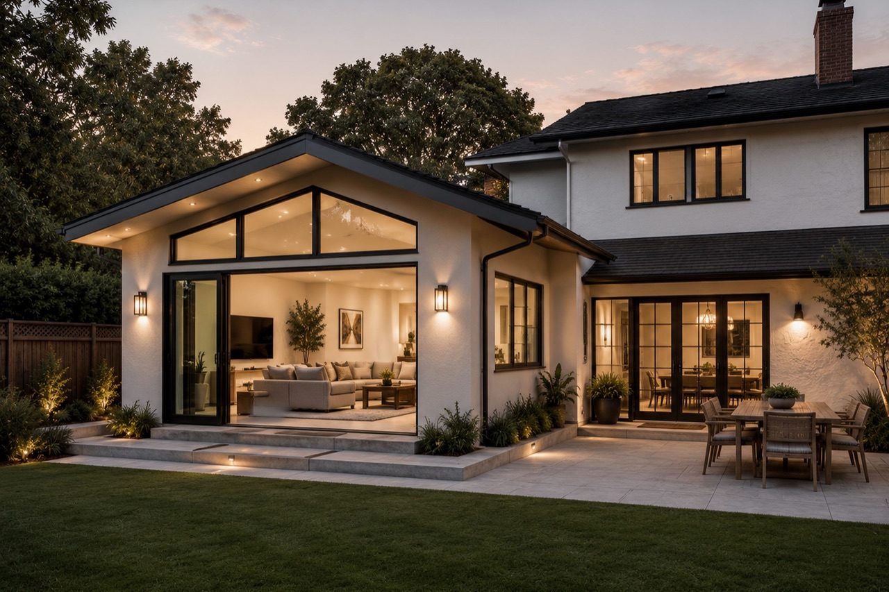Finished room addition connected to the original two-story home with a new gabled living space, black-framed glass doors, patio, and landscaped backyard