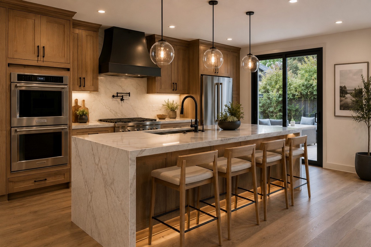 Premium kitchen remodel with warm wood cabinetry, marble waterfall island, stainless appliances, pendant lighting, and indoor-outdoor access